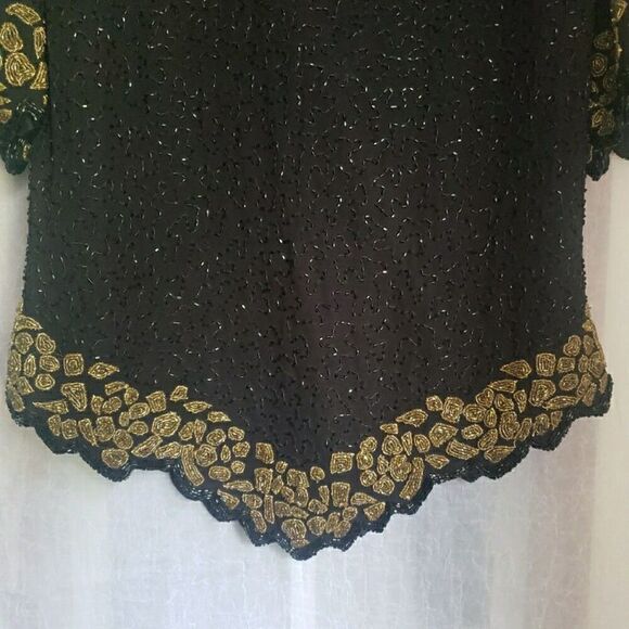 VTG Lourence Kazar Top Blouse Short Sleeves Black Gold Fully Sequins Lined Sz XL - Picture 4 of 15